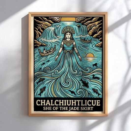 Poster of Chalchiuhtlicue as a water goddess with jade robes and flowing waterfall elements.