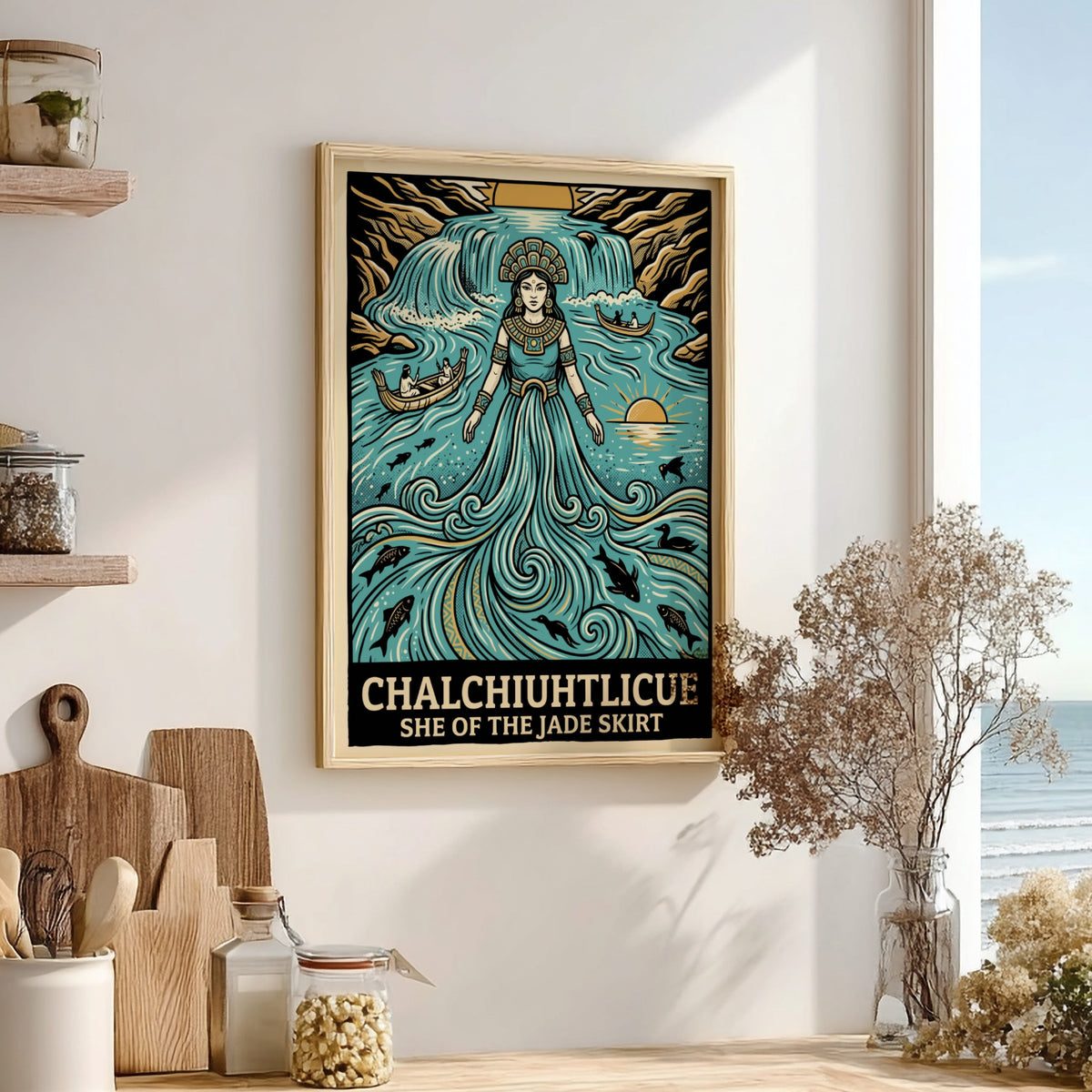 Poster of Chalchiuhtlicue as a water goddess with jade robes and flowing waterfall elements.