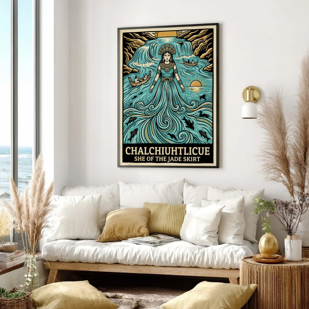 Poster of Chalchiuhtlicue as a water goddess with jade robes and flowing waterfall elements.
