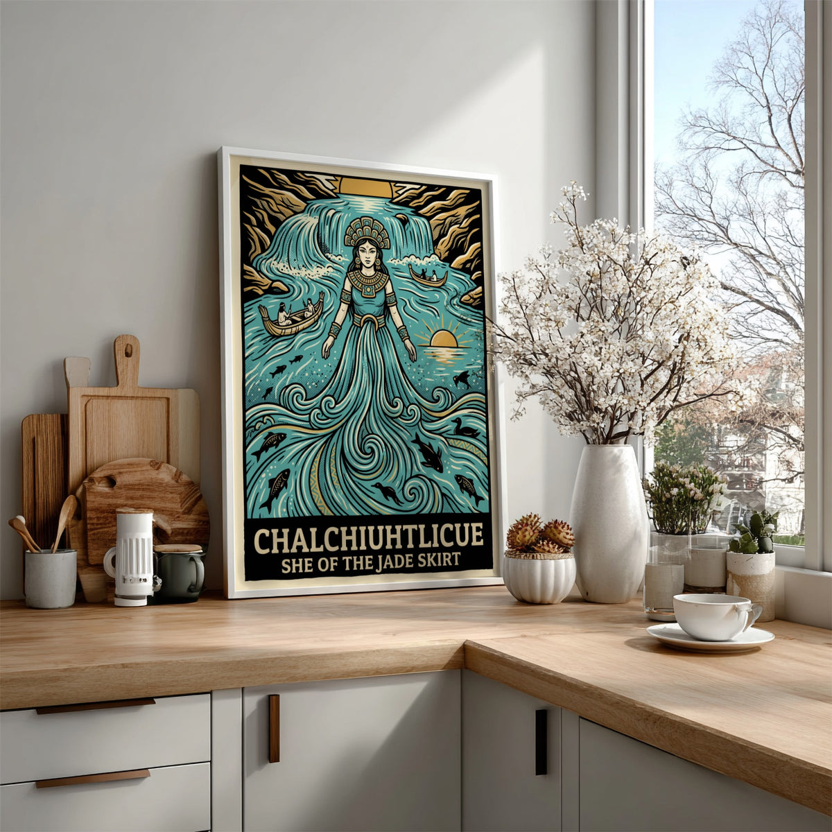 Poster of Chalchiuhtlicue as a water goddess with jade robes and flowing waterfall elements.