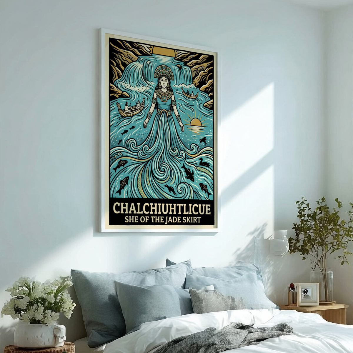 Poster of Chalchiuhtlicue as a water goddess with jade robes and flowing waterfall elements.