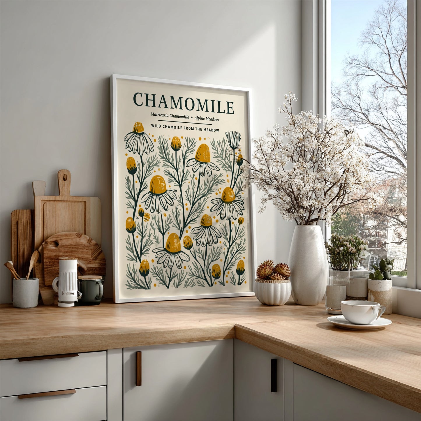 Chamomile kitchen poster featuring delicate flowers in soft whites and warm yellows, botanical style wall art.