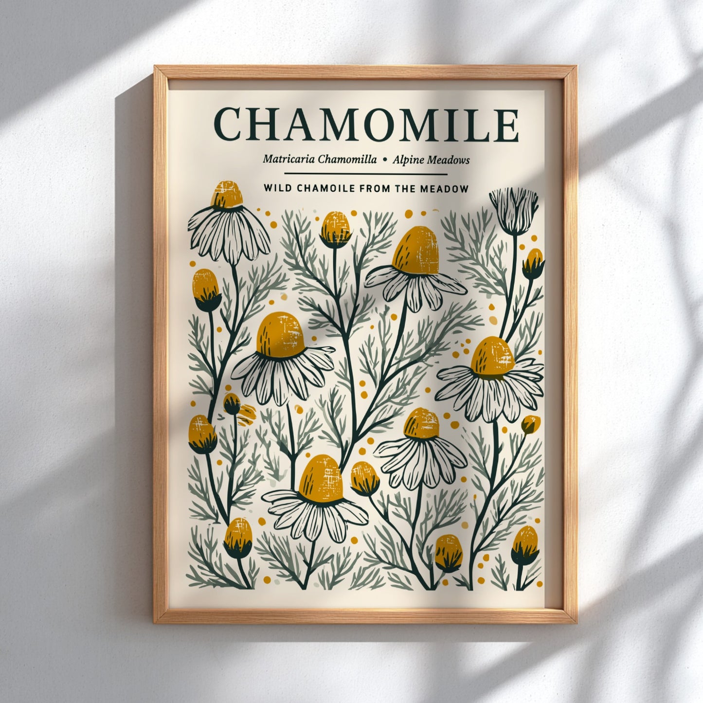Chamomile kitchen poster featuring delicate flowers in soft whites and warm yellows, botanical style wall art.