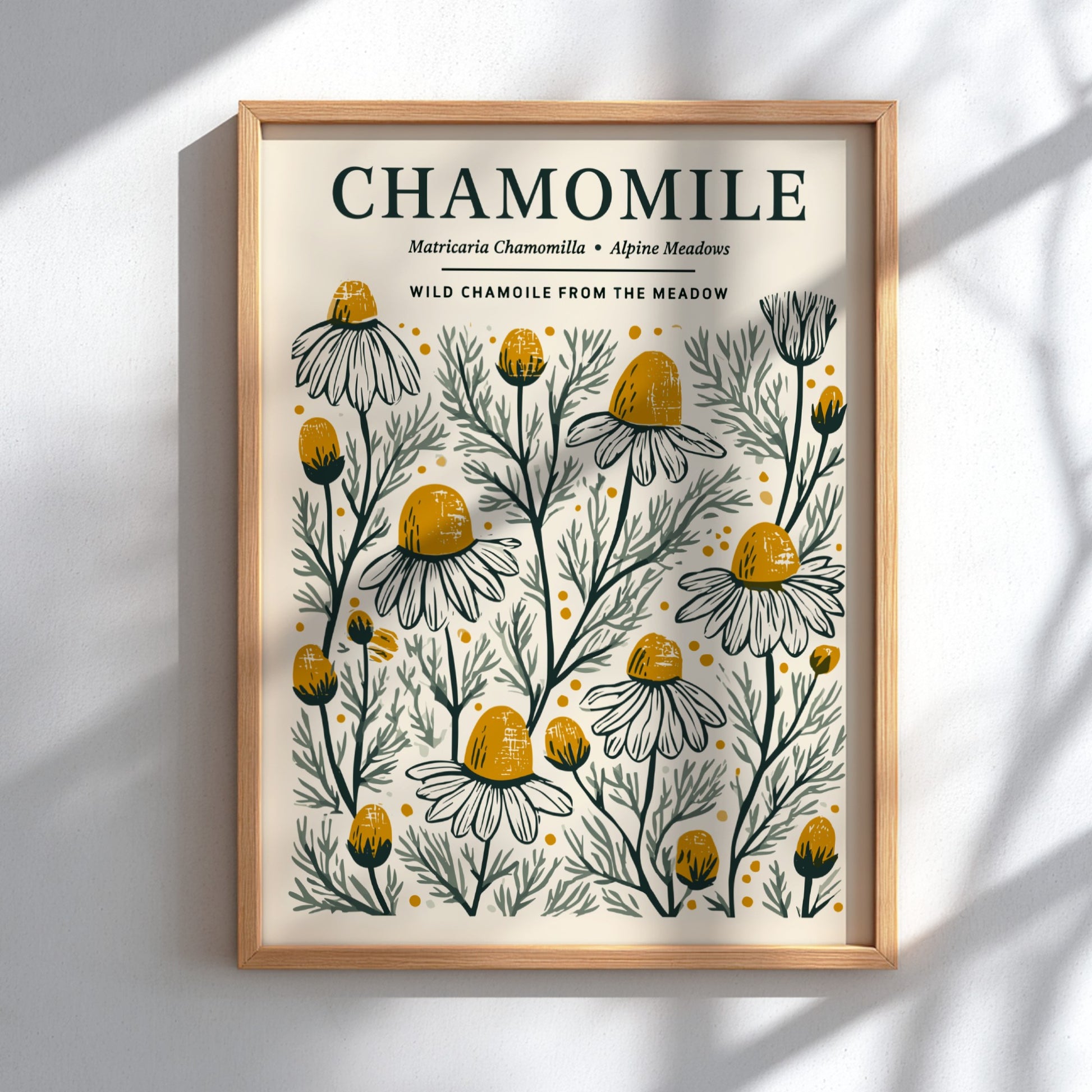 Chamomile kitchen poster featuring delicate flowers in soft whites and warm yellows, botanical style wall art.