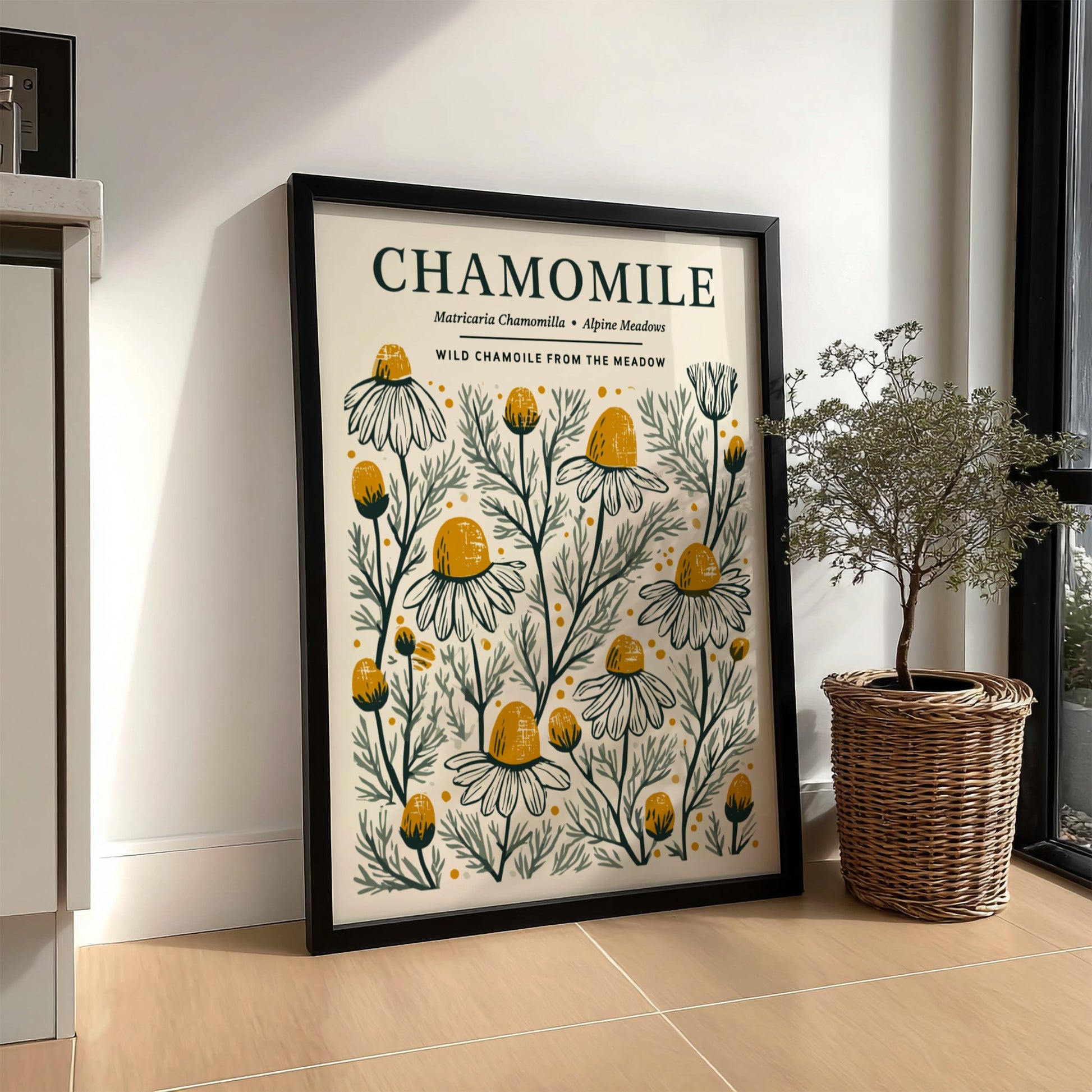 Chamomile kitchen poster featuring delicate flowers in soft whites and warm yellows, botanical style wall art.