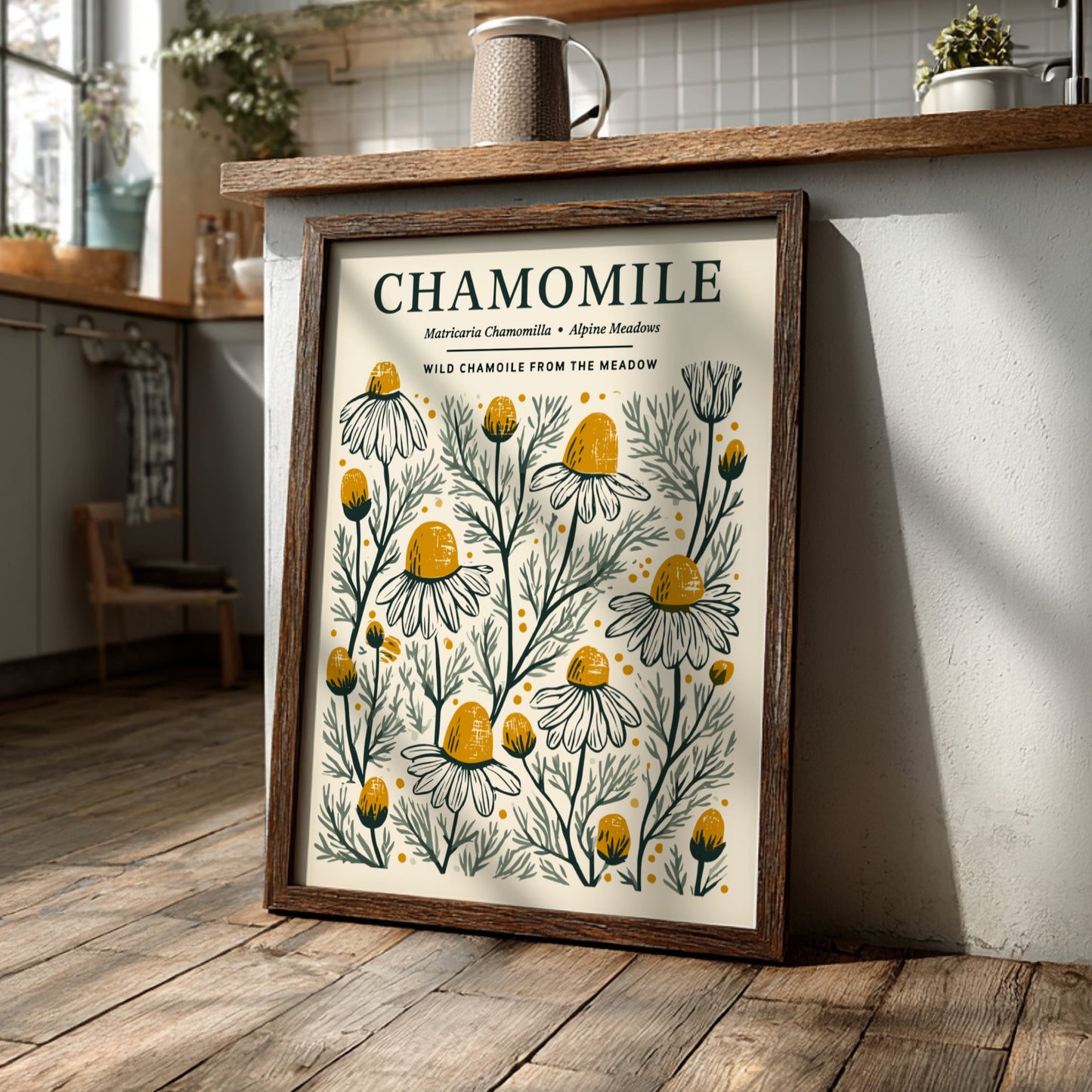 Chamomile kitchen poster featuring delicate flowers in soft whites and warm yellows, botanical style wall art.
