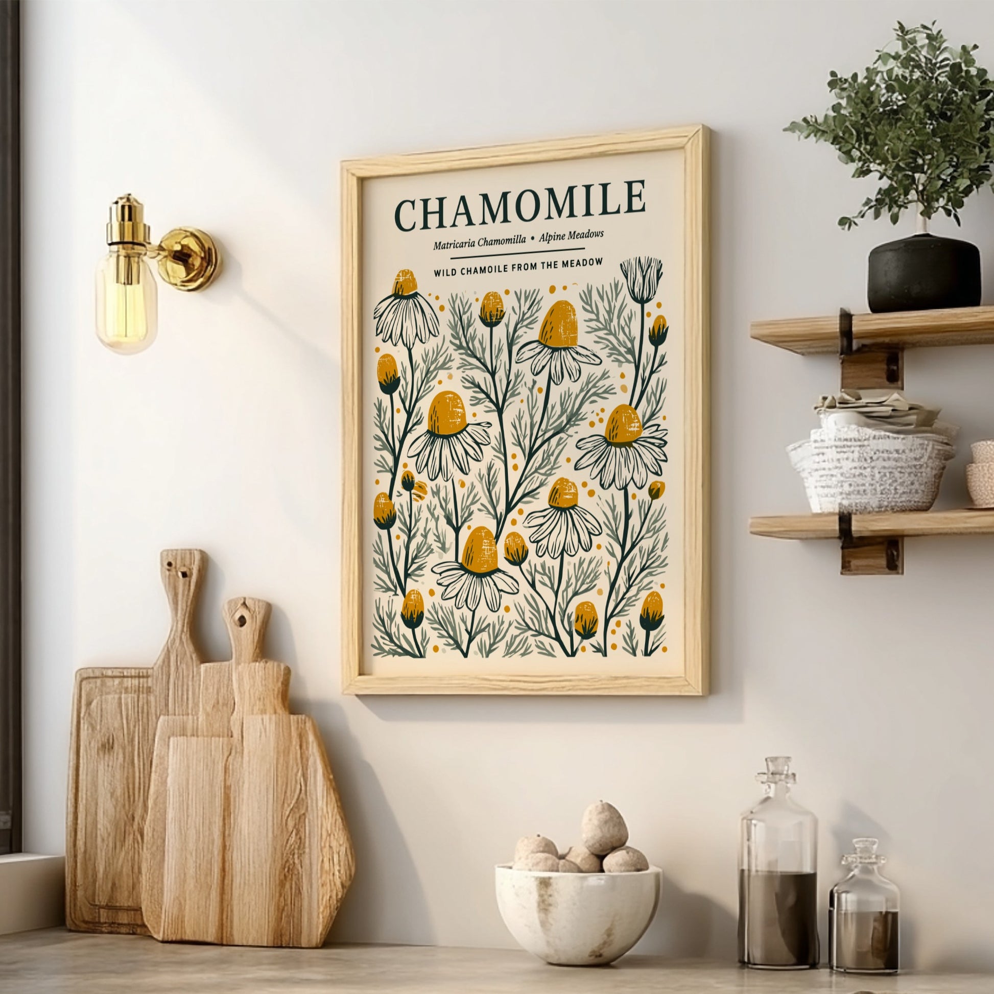 Chamomile kitchen poster featuring delicate flowers in soft whites and warm yellows, botanical style wall art.