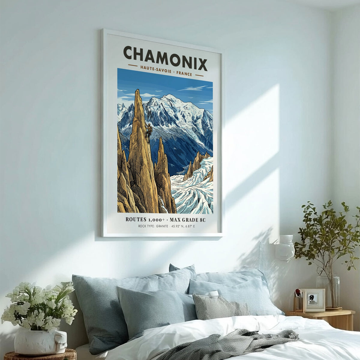 Poster of a climber scaling a granite peak in Chamonix with snowy mountains.