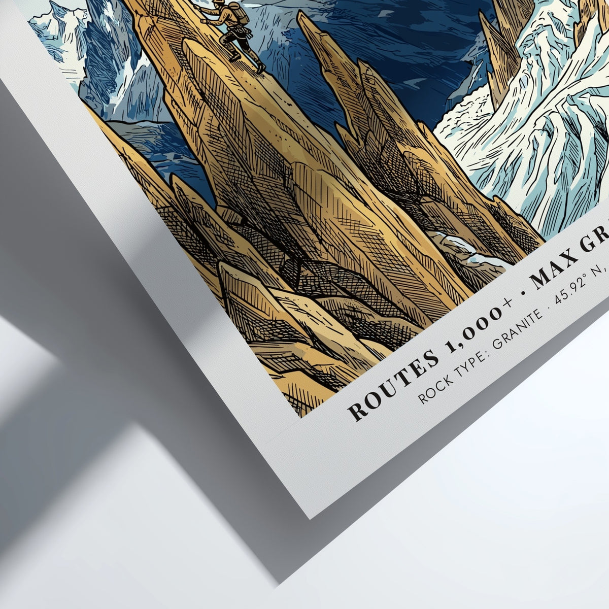Poster of a climber scaling a granite peak in Chamonix with snowy mountains.