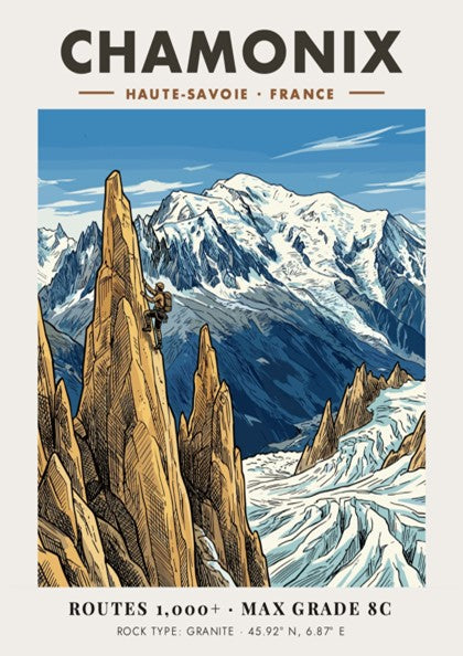 Poster of a climber scaling a granite peak in Chamonix with snowy mountains.
