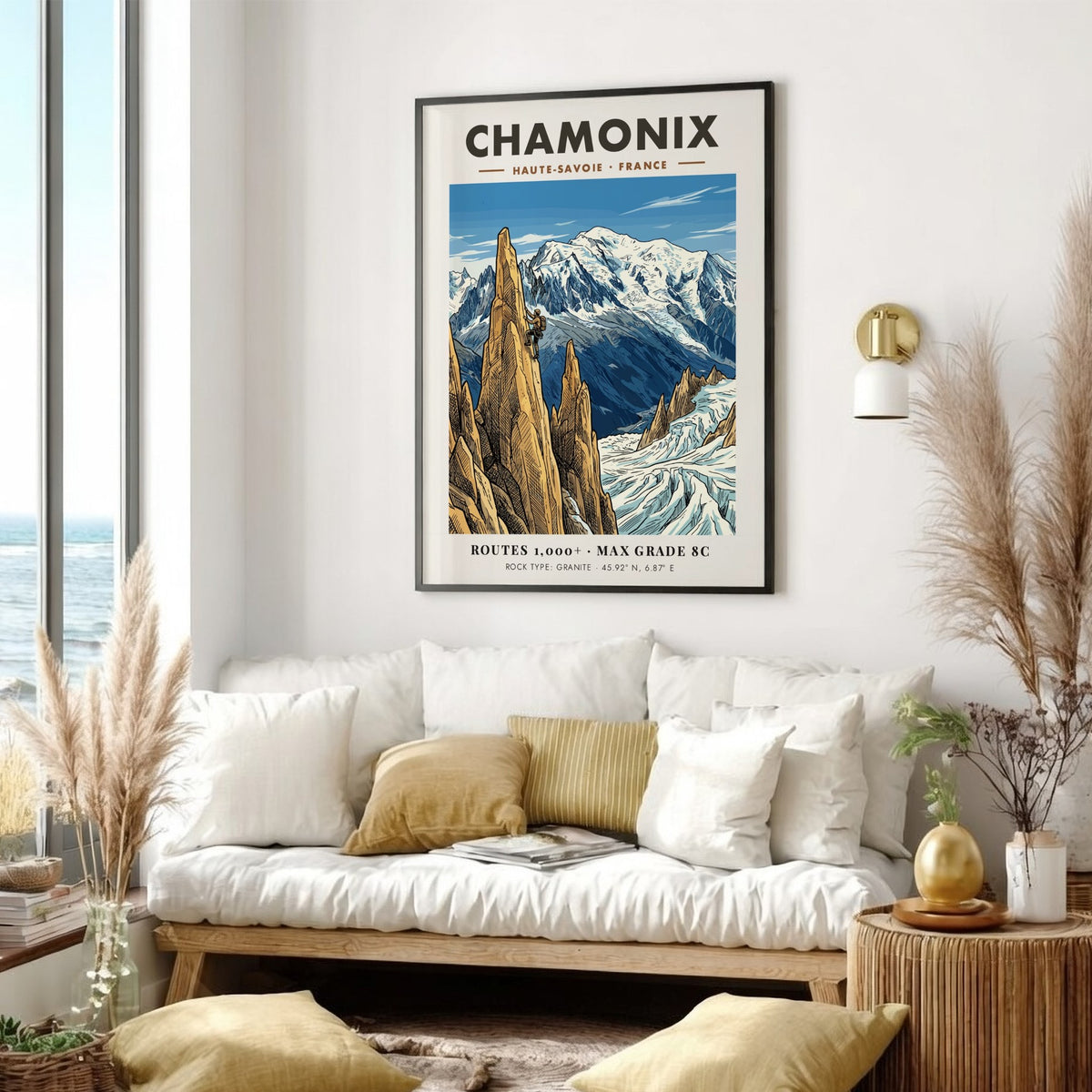 Poster of a climber scaling a granite peak in Chamonix with snowy mountains.