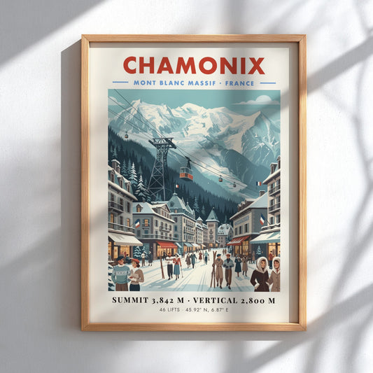 Chamonix ski resort poster featuring vintage style, alpine scenery, and soft pastel colors
