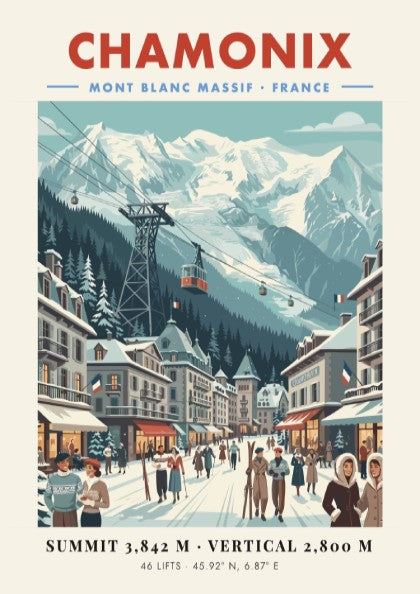 Chamonix ski resort poster featuring vintage style, alpine scenery, and soft pastel colors