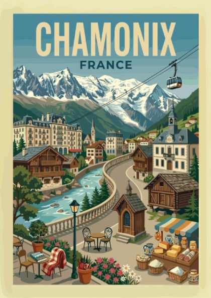 Vintage Chamonix France travel poster with mountains, village, and river. Alpine wall art.