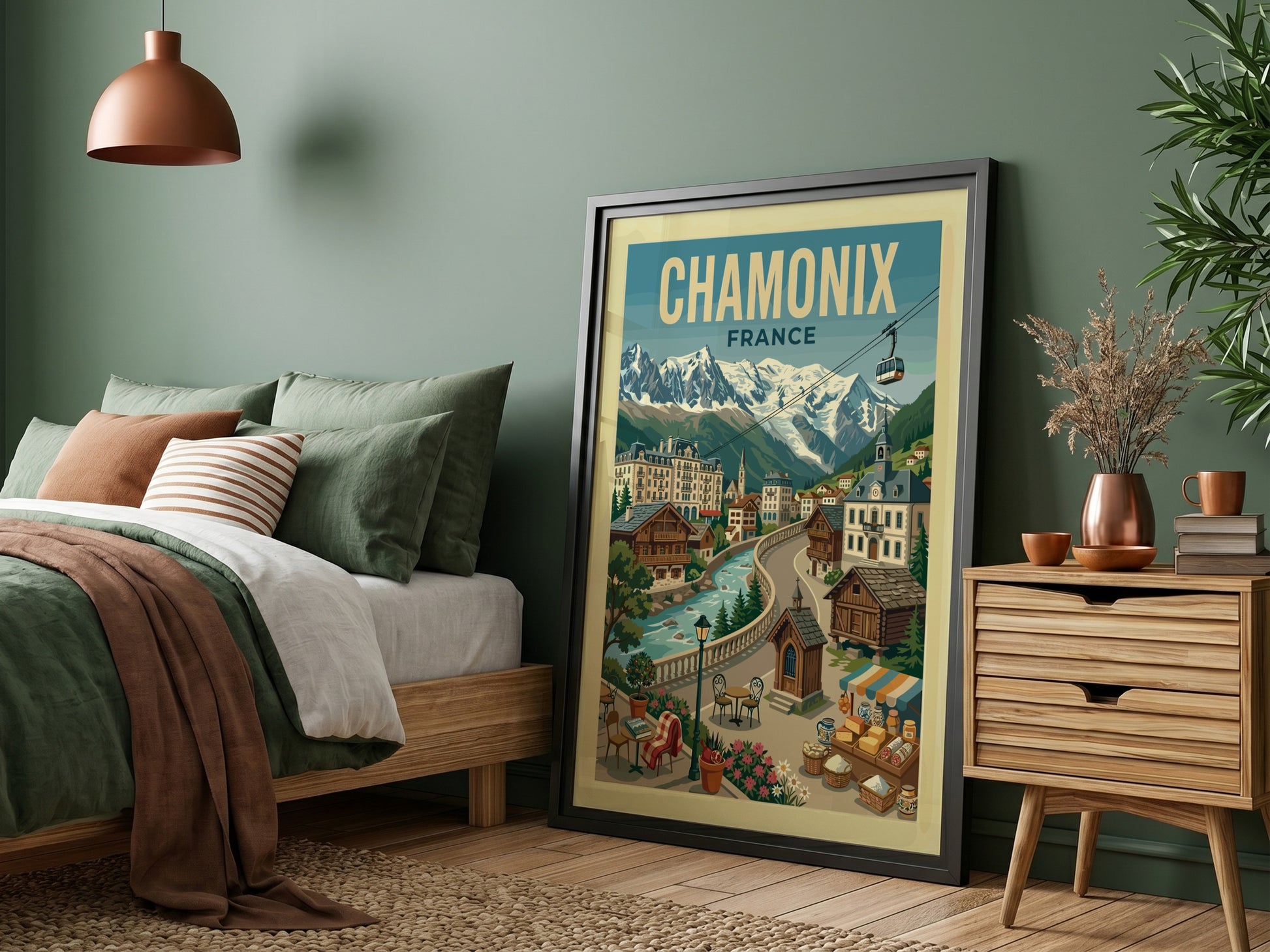 Vintage Chamonix France travel poster with mountains, village, and river. Alpine wall art.