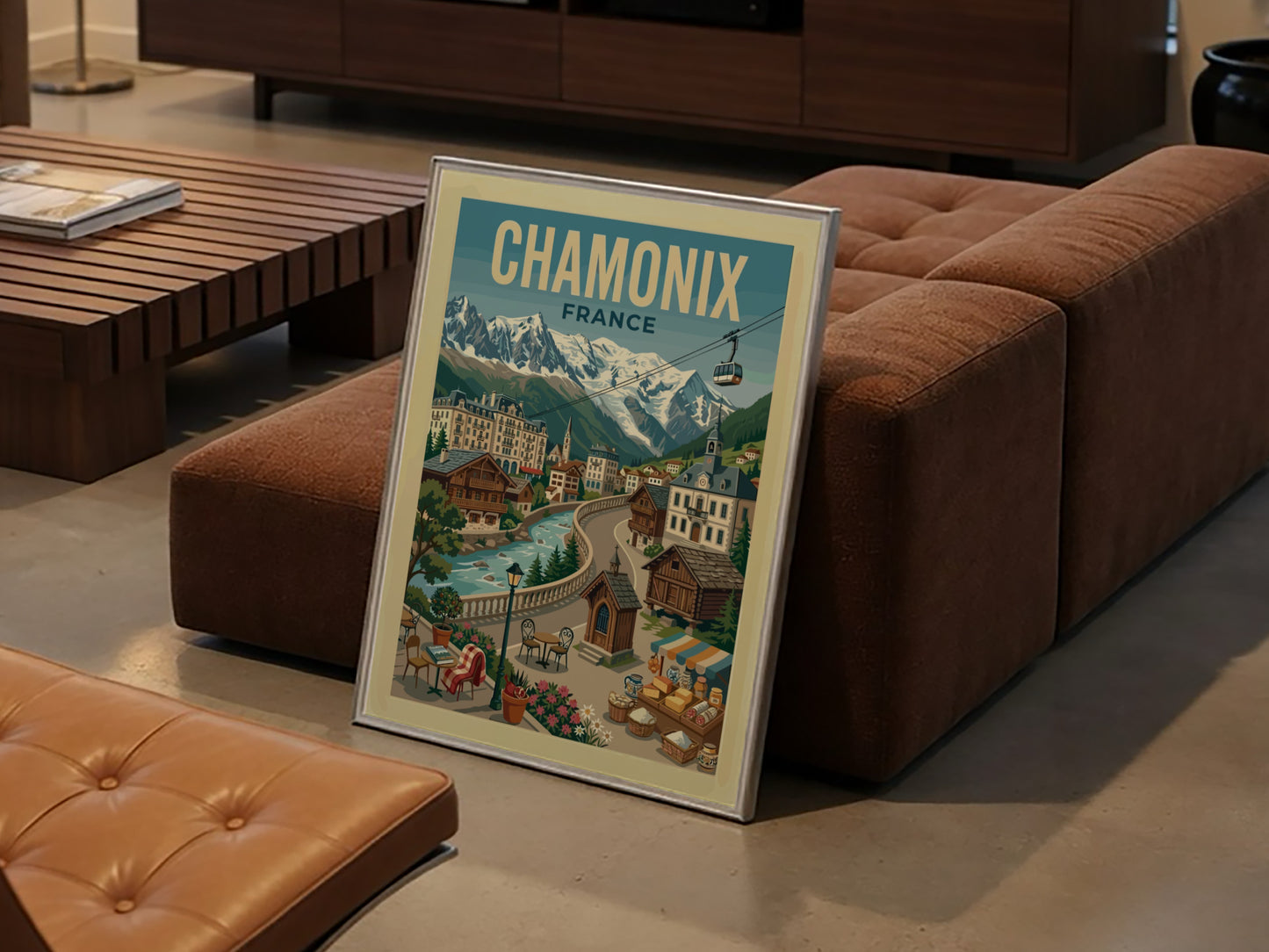 Vintage Chamonix France travel poster with mountains, village, and river. Alpine wall art.