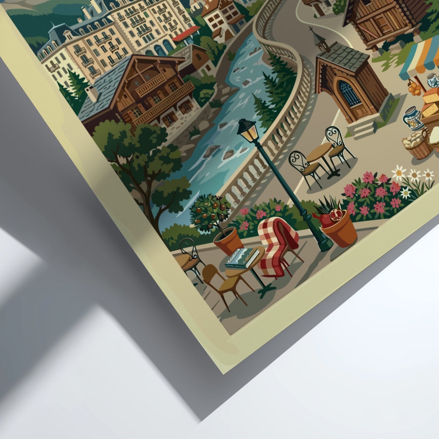 Vintage Chamonix France travel poster with mountains, village, and river. Alpine wall art.