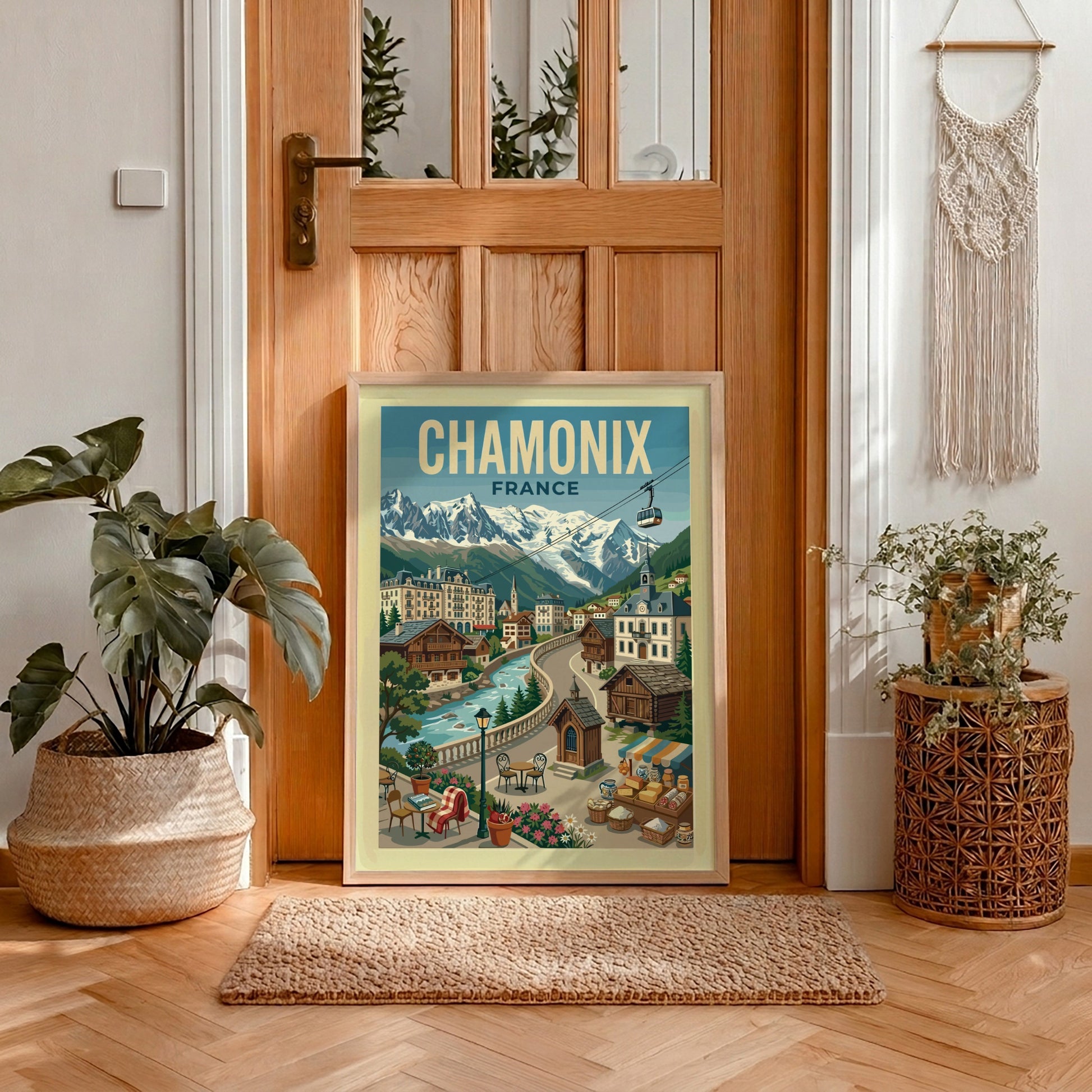 Vintage Chamonix France travel poster with mountains, village, and river. Alpine wall art.