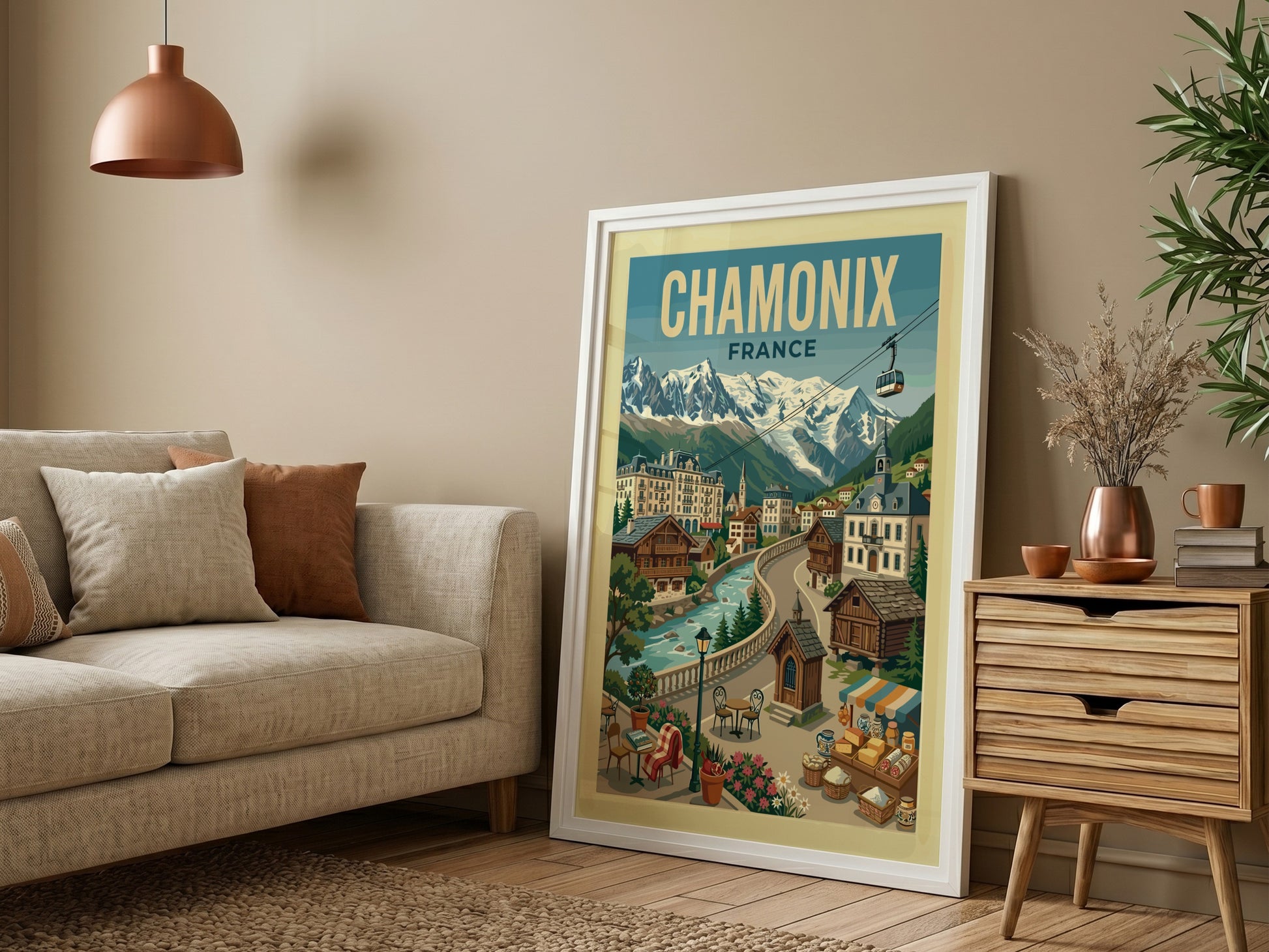 Vintage Chamonix France travel poster with mountains, village, and river. Alpine wall art.