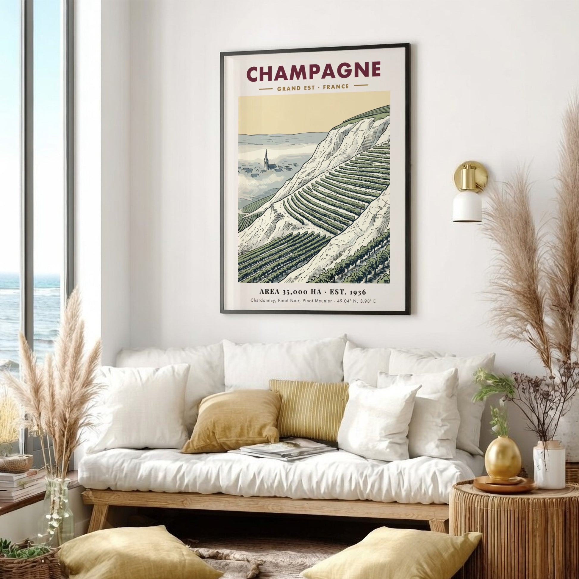 Poster featuring a detailed illustration of Champagne vineyards in France with a village church