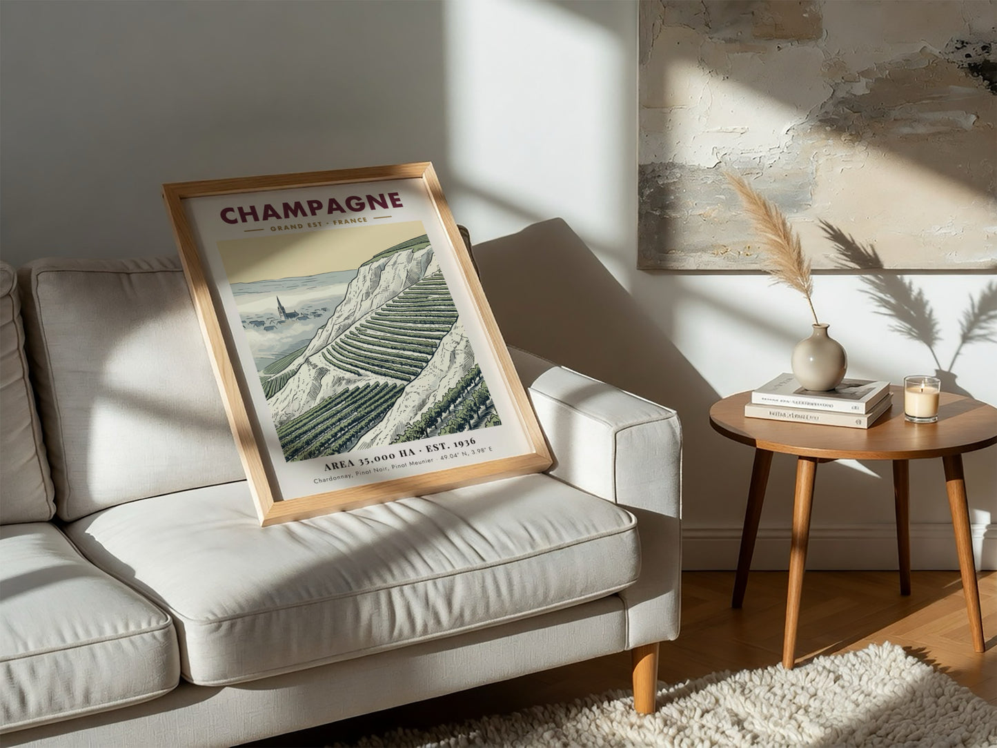 Poster featuring a detailed illustration of Champagne vineyards in France with a village church