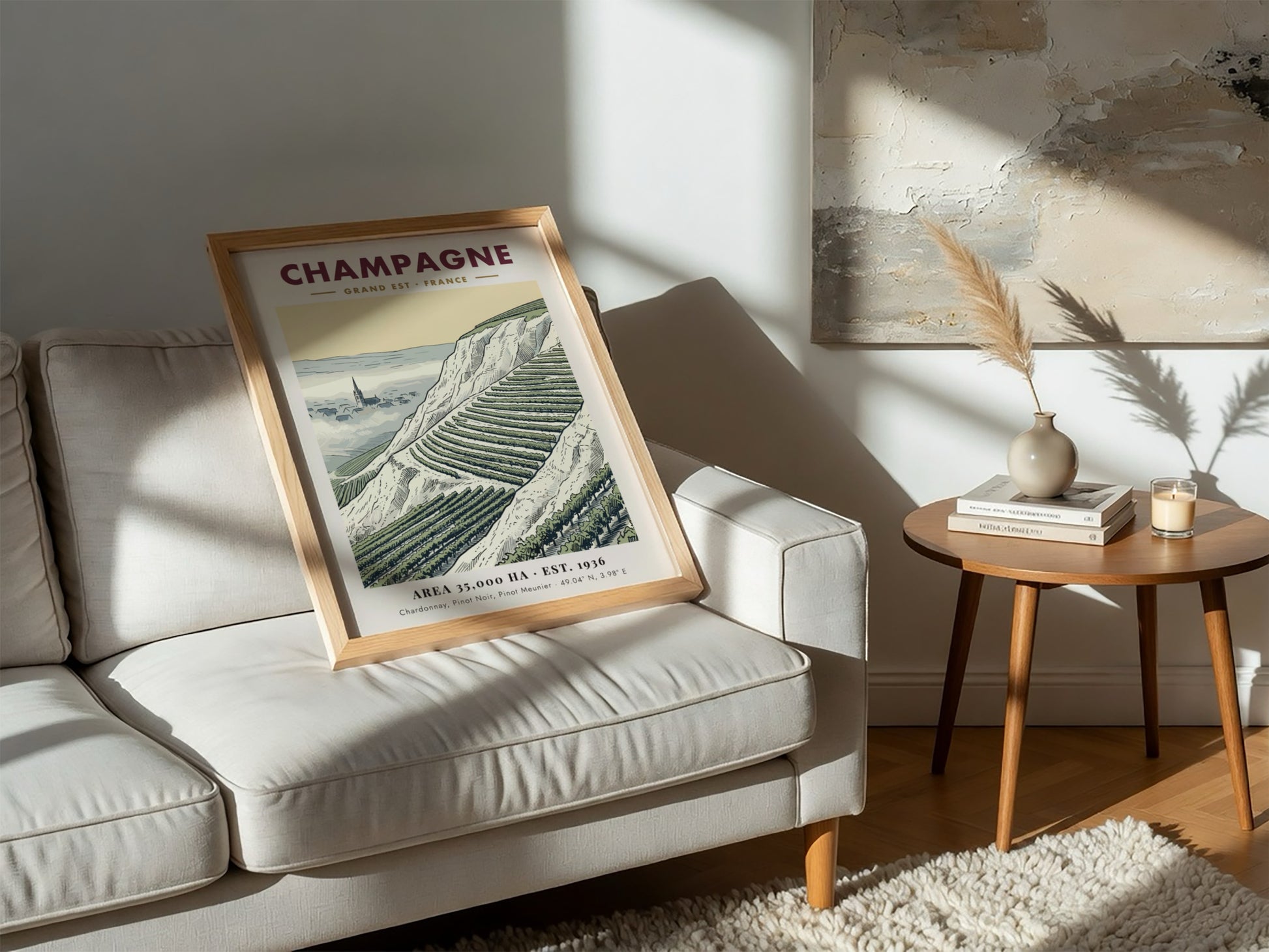 Poster featuring a detailed illustration of Champagne vineyards in France with a village church