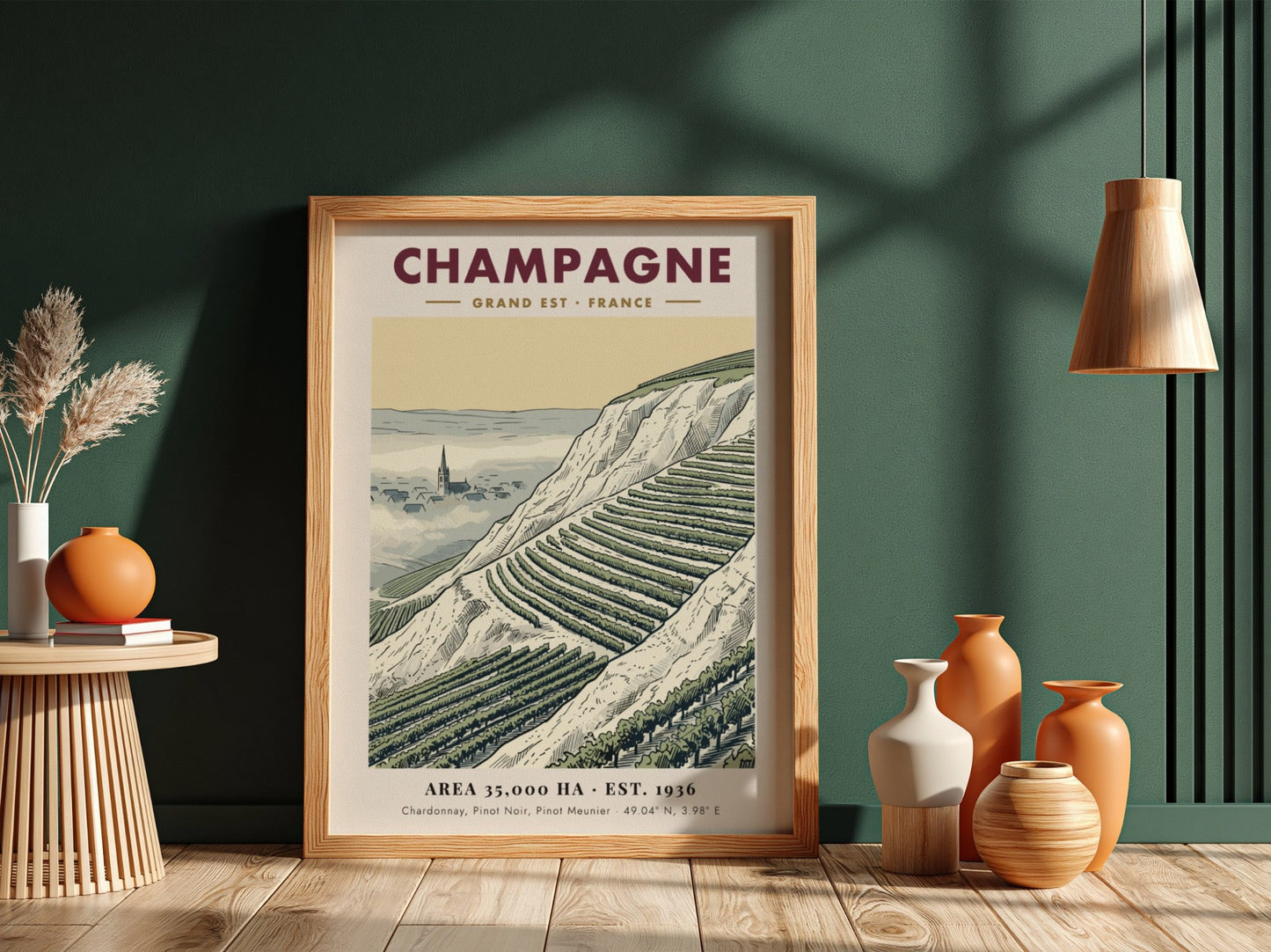 Poster featuring a detailed illustration of Champagne vineyards in France with a village church