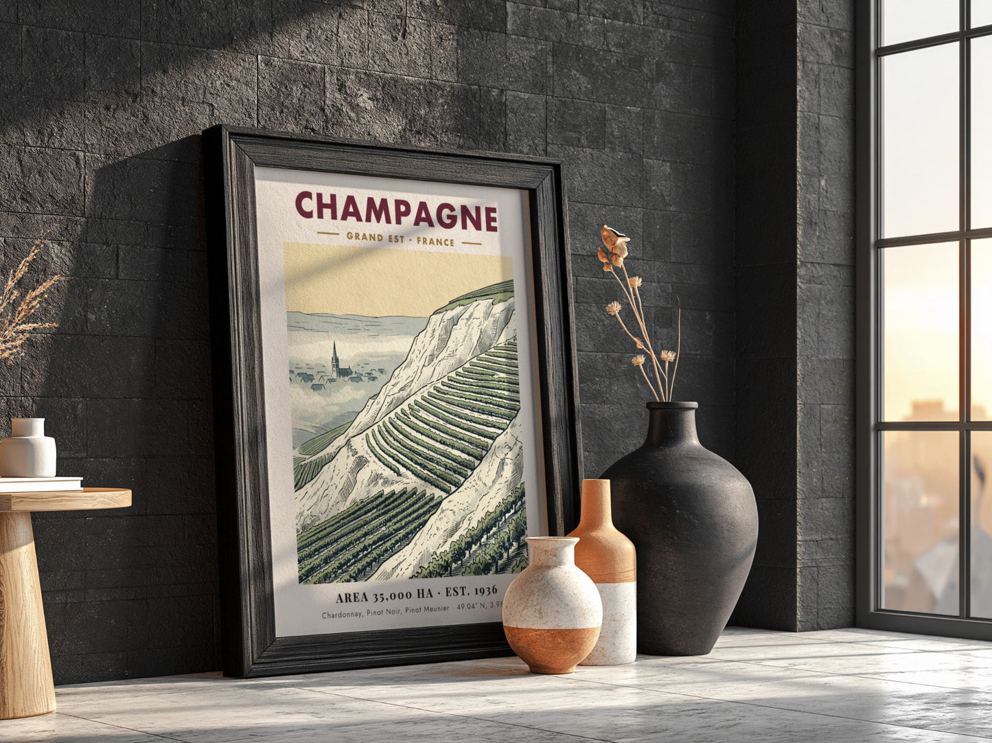 Poster featuring a detailed illustration of Champagne vineyards in France with a village church