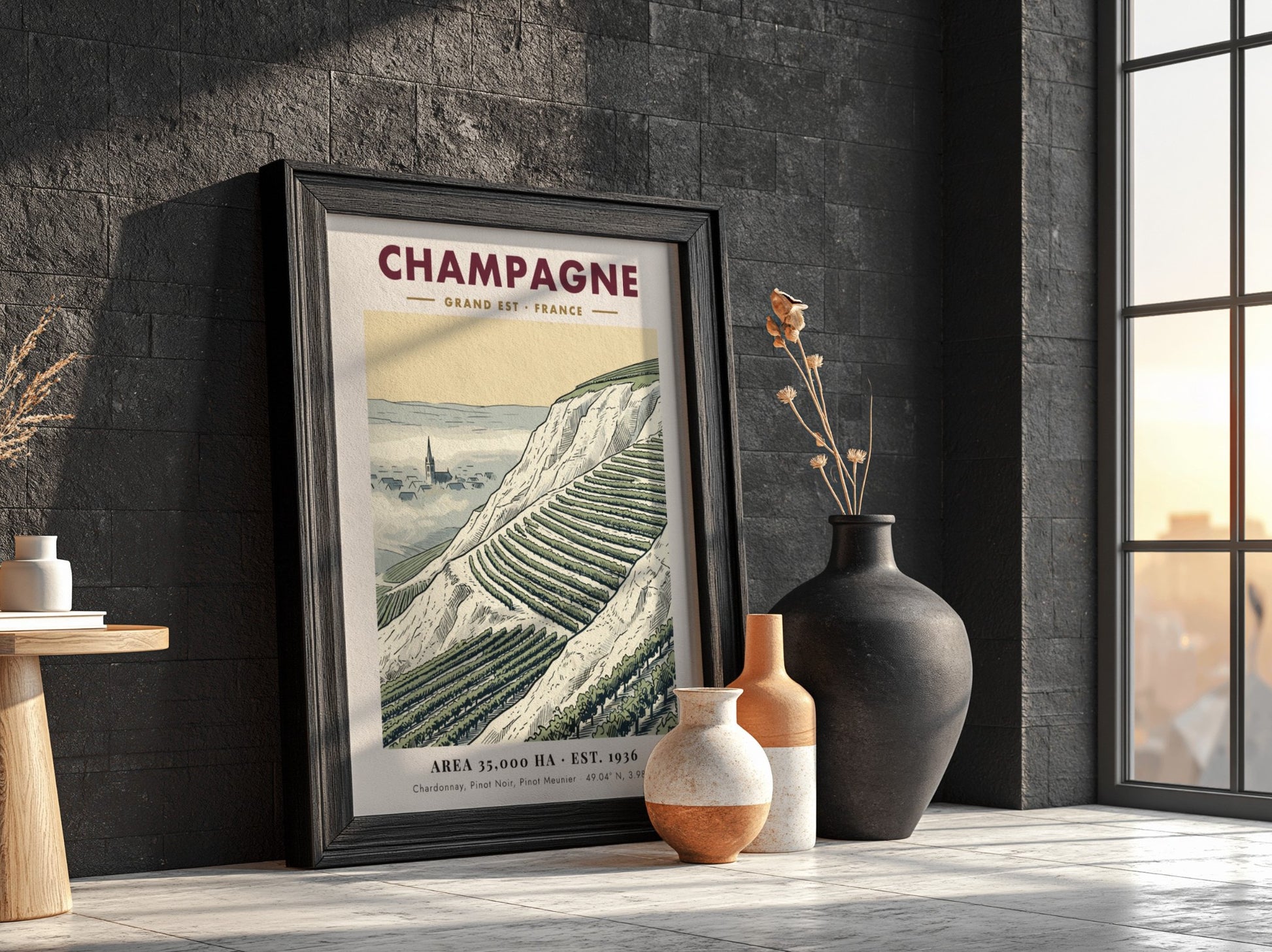 Poster featuring a detailed illustration of Champagne vineyards in France with a village church