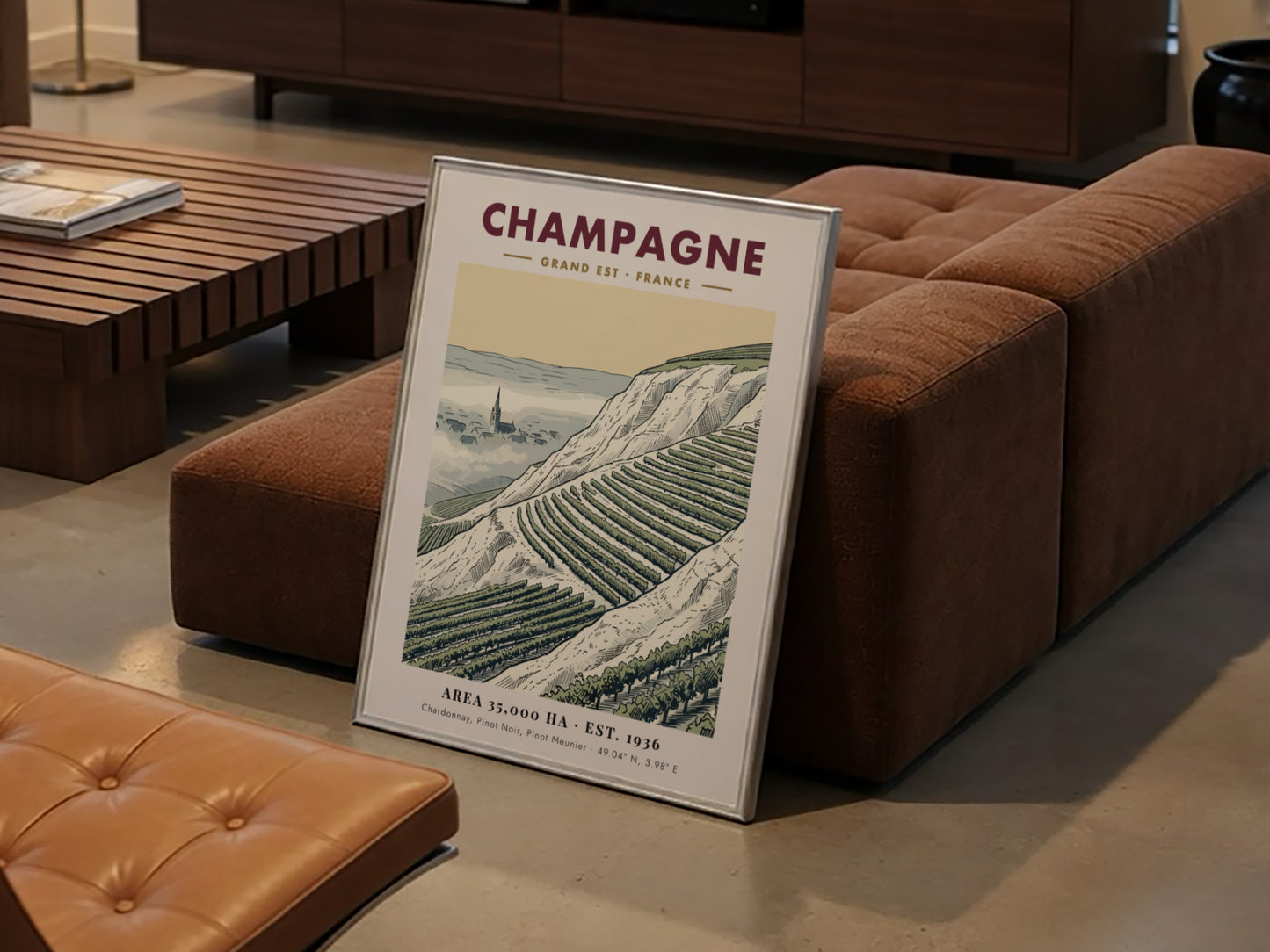 Poster featuring a detailed illustration of Champagne vineyards in France with a village church