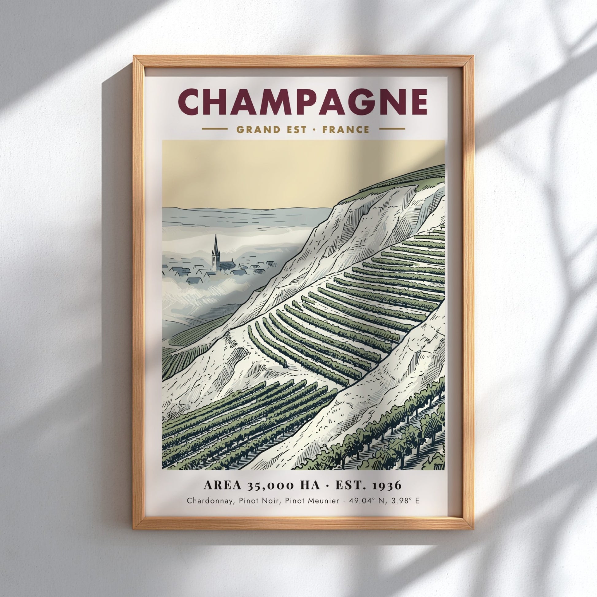 Poster featuring a detailed illustration of Champagne vineyards in France with a village church