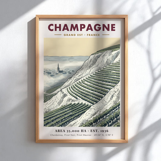 Poster featuring a detailed illustration of Champagne vineyards in France with a village church