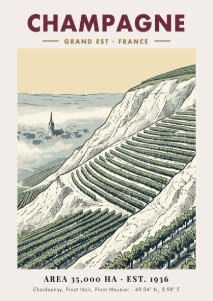 Poster featuring a detailed illustration of Champagne vineyards in France with a village church