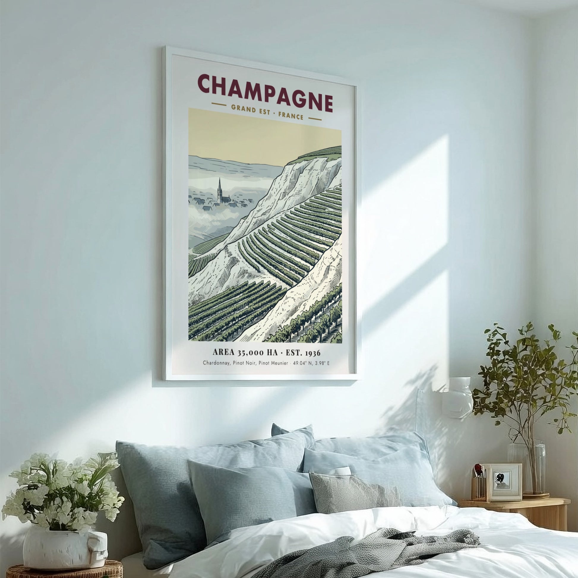 Poster featuring a detailed illustration of Champagne vineyards in France with a village church