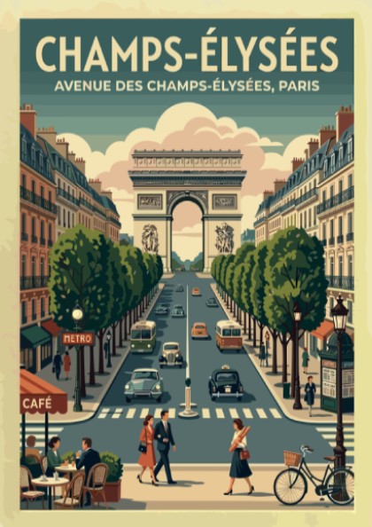 Champs-Élysées travel poster featuring vintage Parisian scene with warm colors and detailed architecture