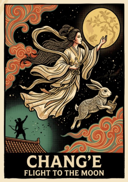 Poster featuring the moon goddess Chang'e ascending with a rabbit against a moon