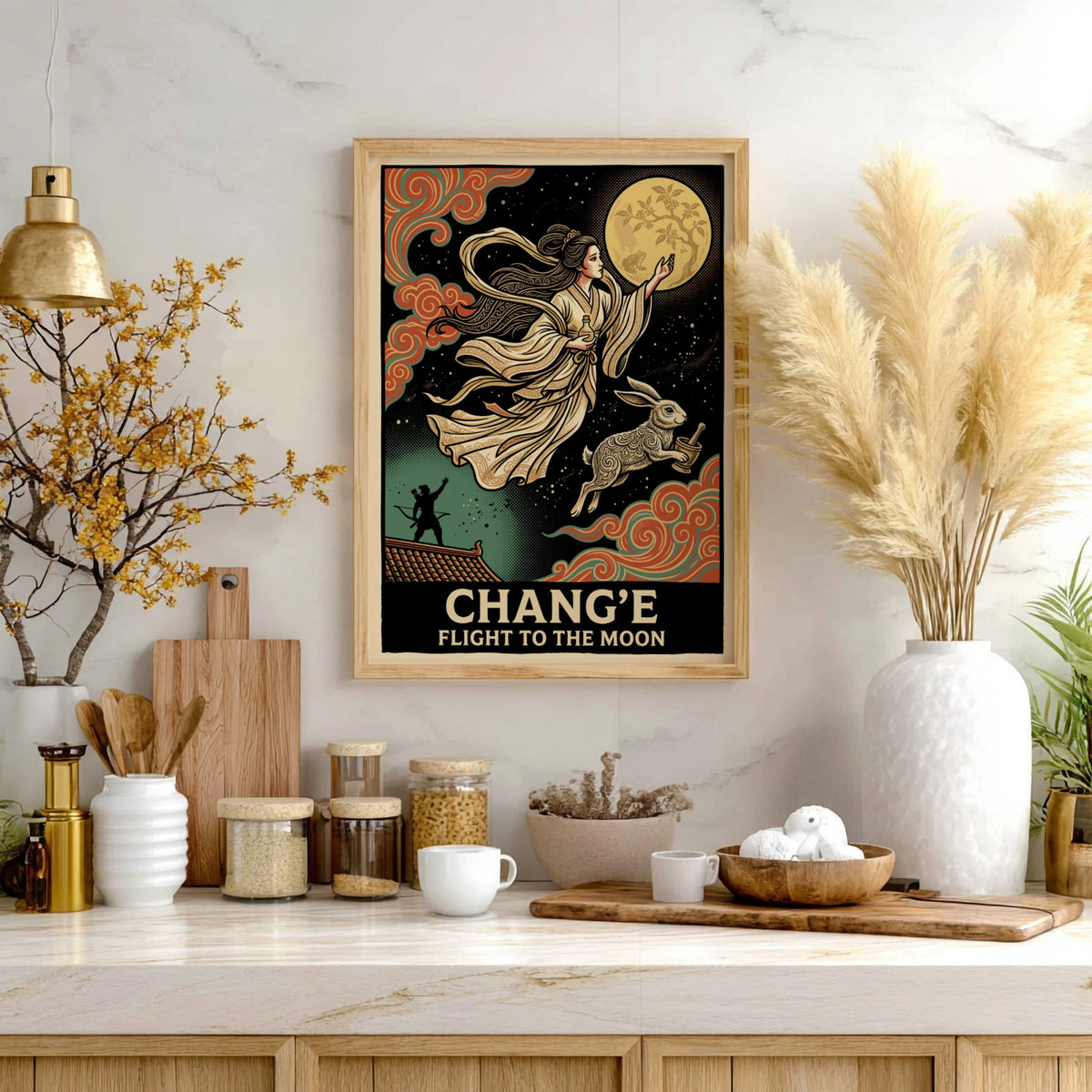 Poster featuring the moon goddess Chang'e ascending with a rabbit against a moon