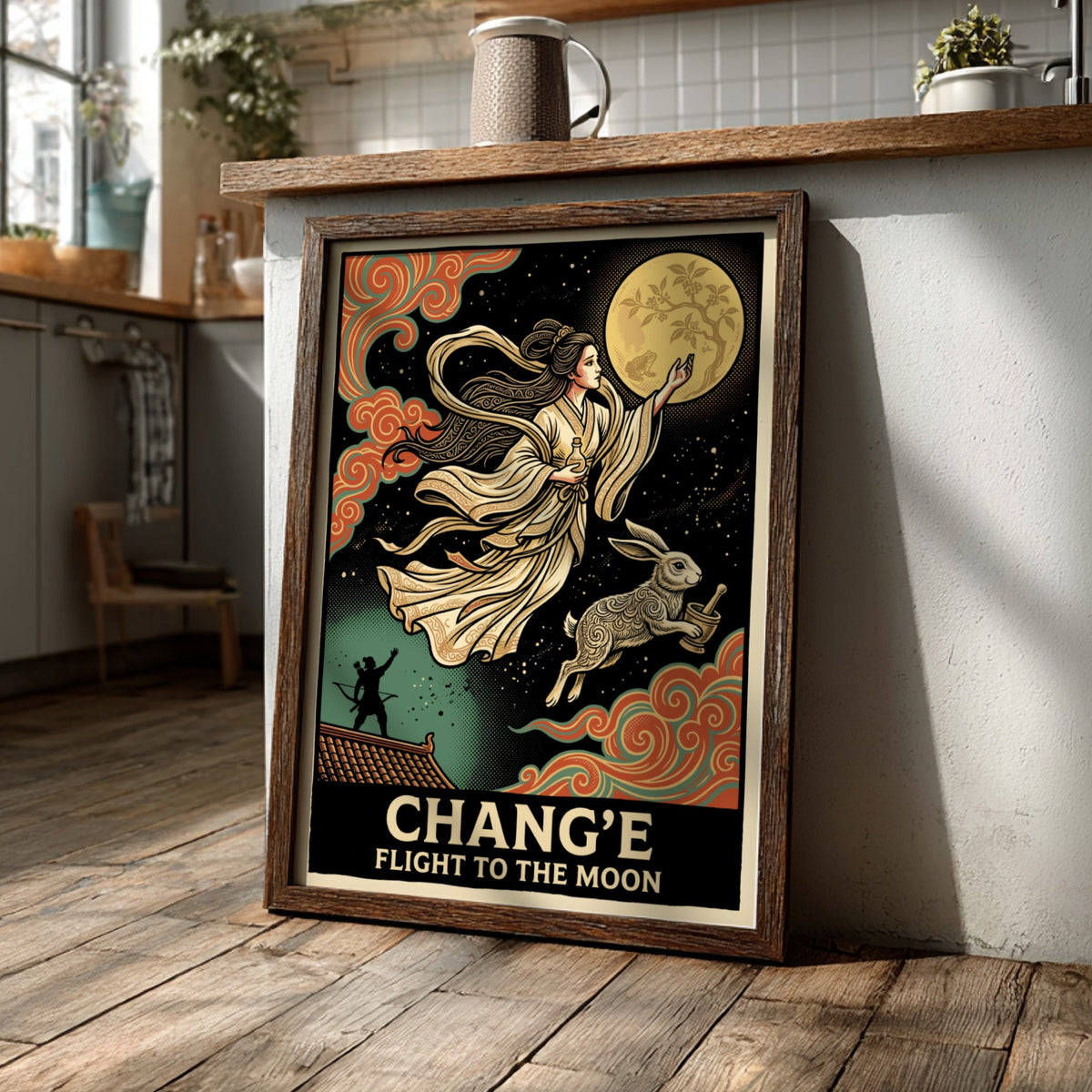 Poster featuring the moon goddess Chang'e ascending with a rabbit against a moon