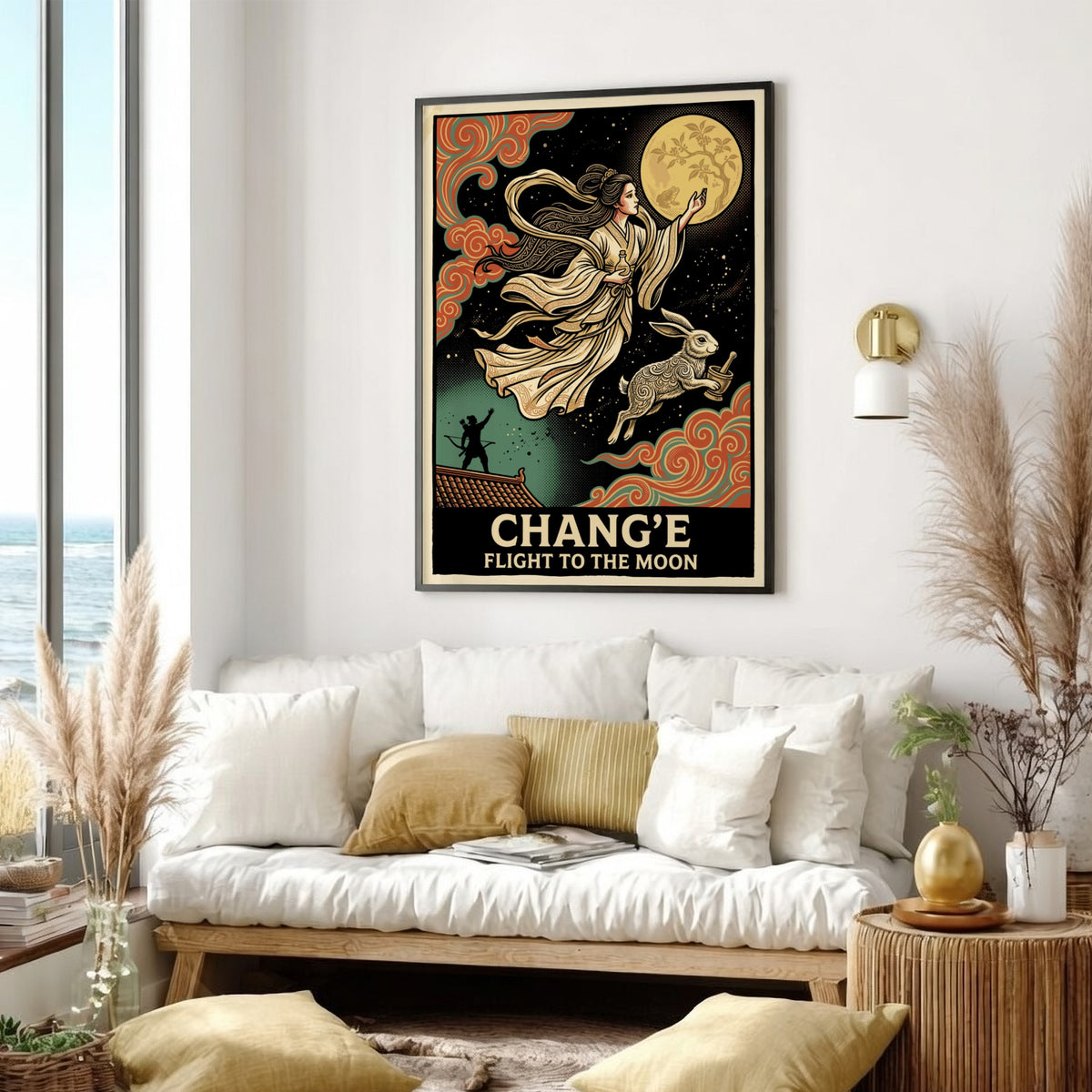 Poster featuring the moon goddess Chang'e ascending with a rabbit against a moon