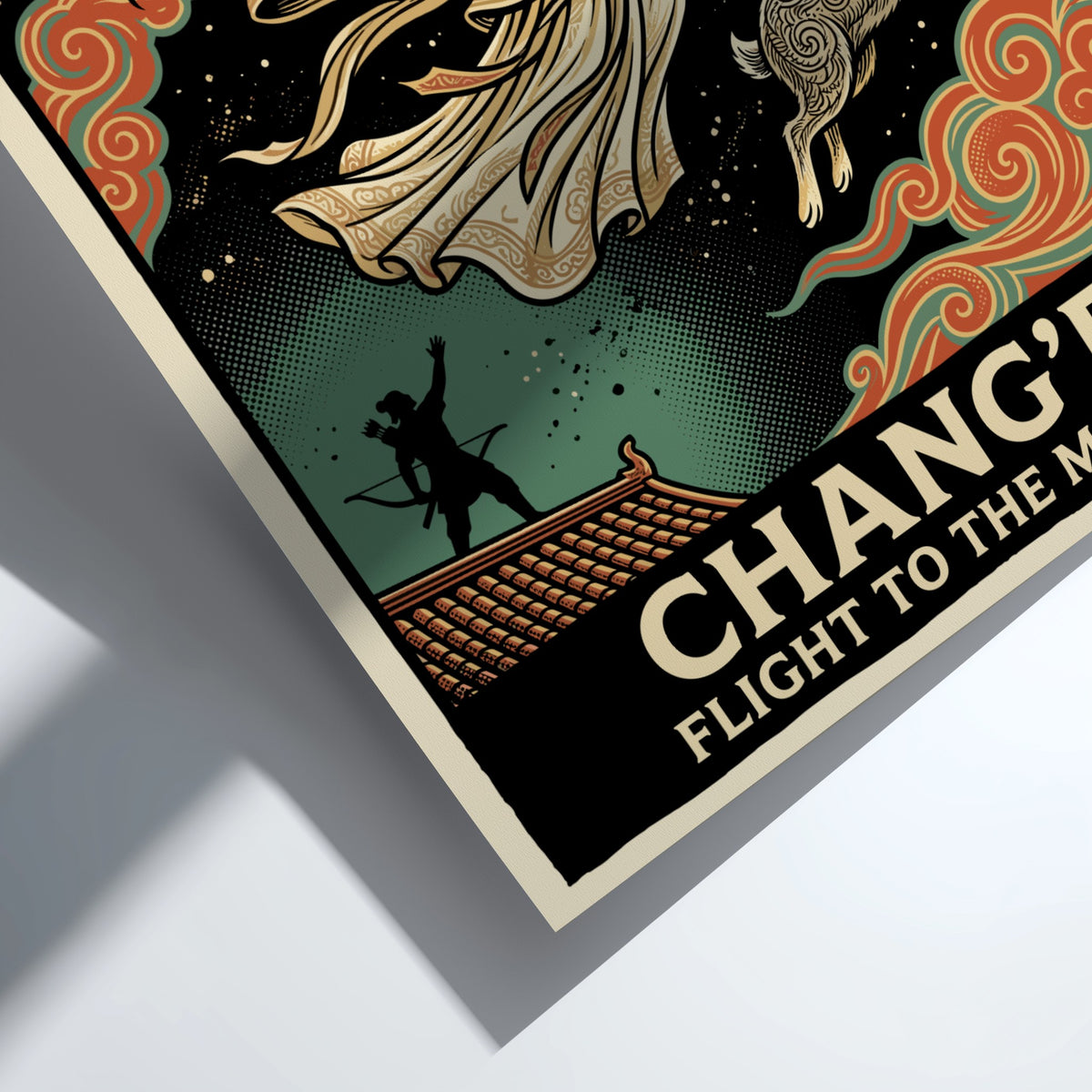 Poster featuring the moon goddess Chang'e ascending with a rabbit against a moon