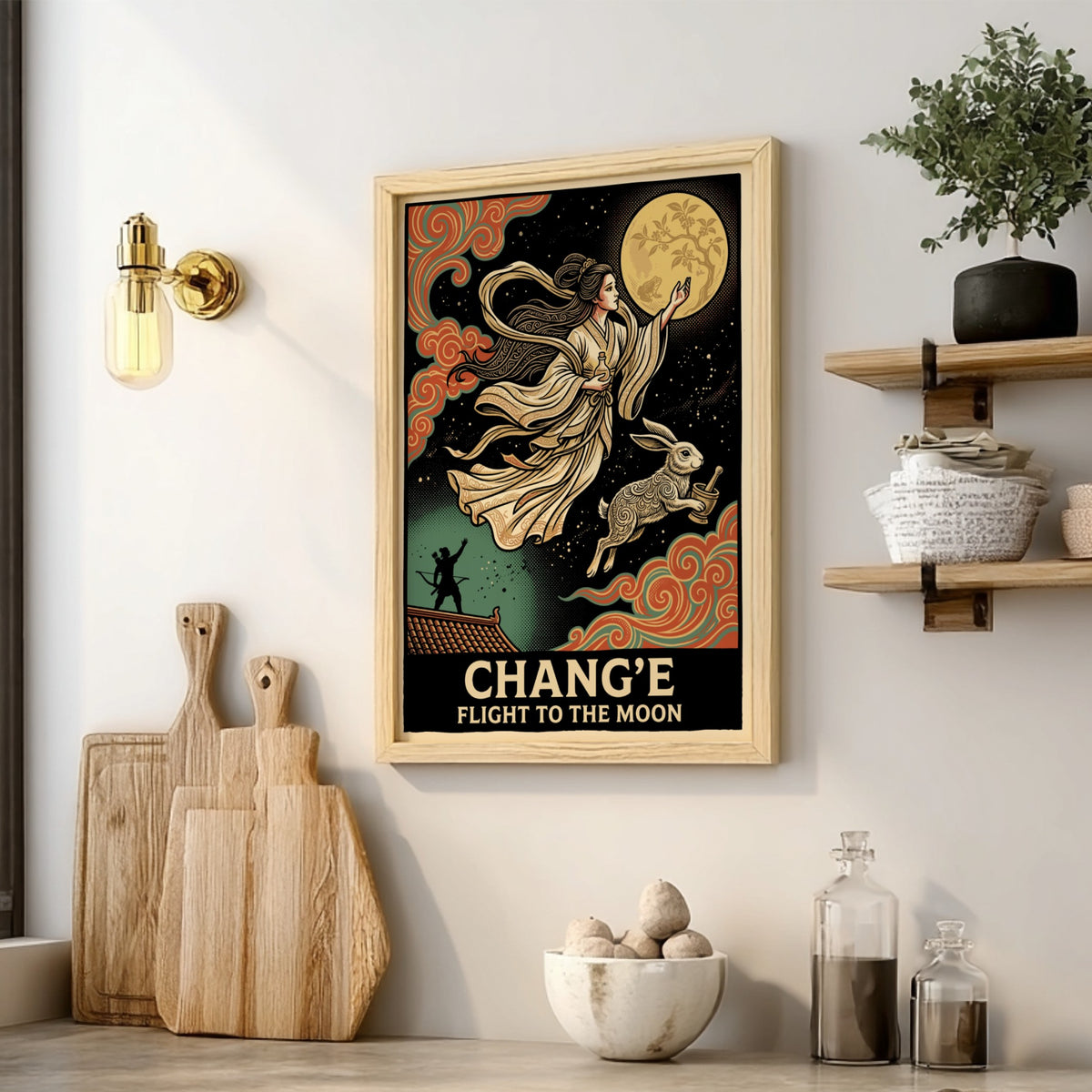 Poster featuring the moon goddess Chang'e ascending with a rabbit against a moon