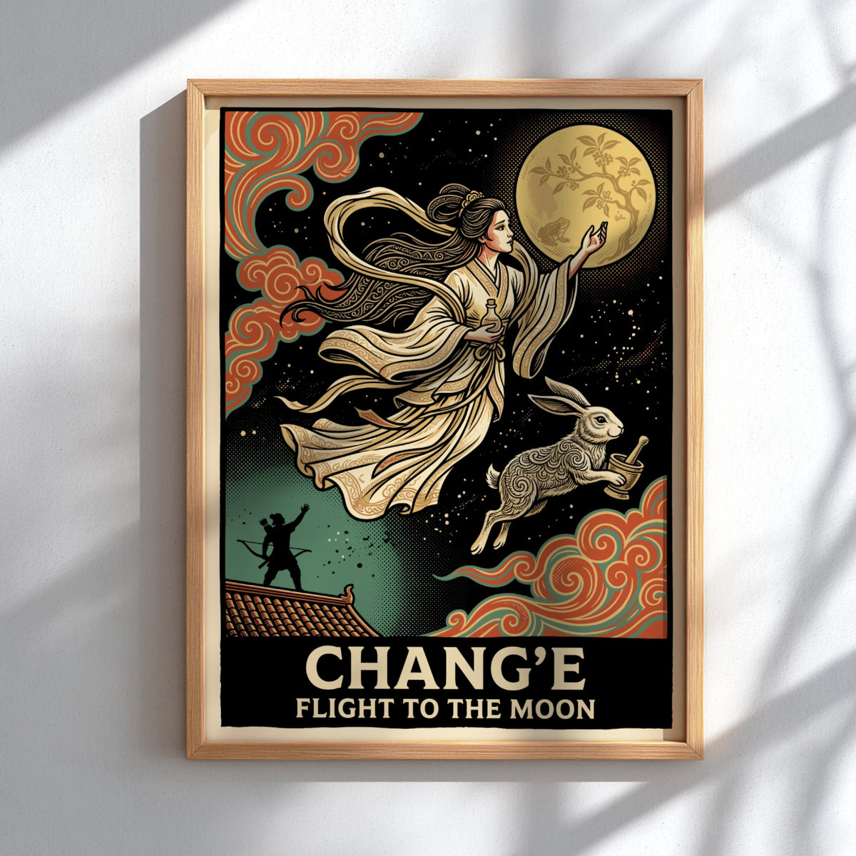 Poster featuring the moon goddess Chang'e ascending with a rabbit against a moon