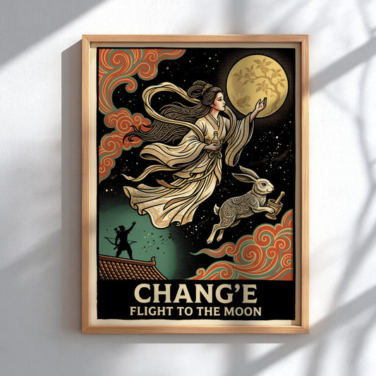 Poster featuring the moon goddess Chang'e ascending with a rabbit against a moon