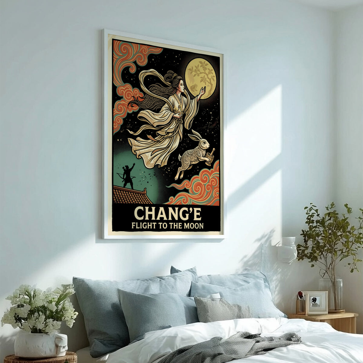 Poster featuring the moon goddess Chang'e ascending with a rabbit against a moon
