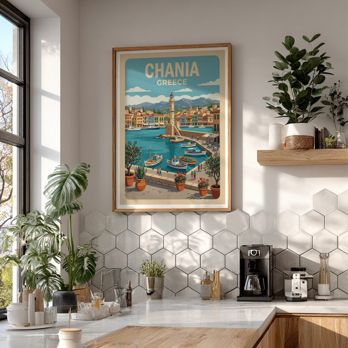 Chania Greece travel poster featuring a lighthouse, colourful Mediterranean buildings, boats, and olive trees.
