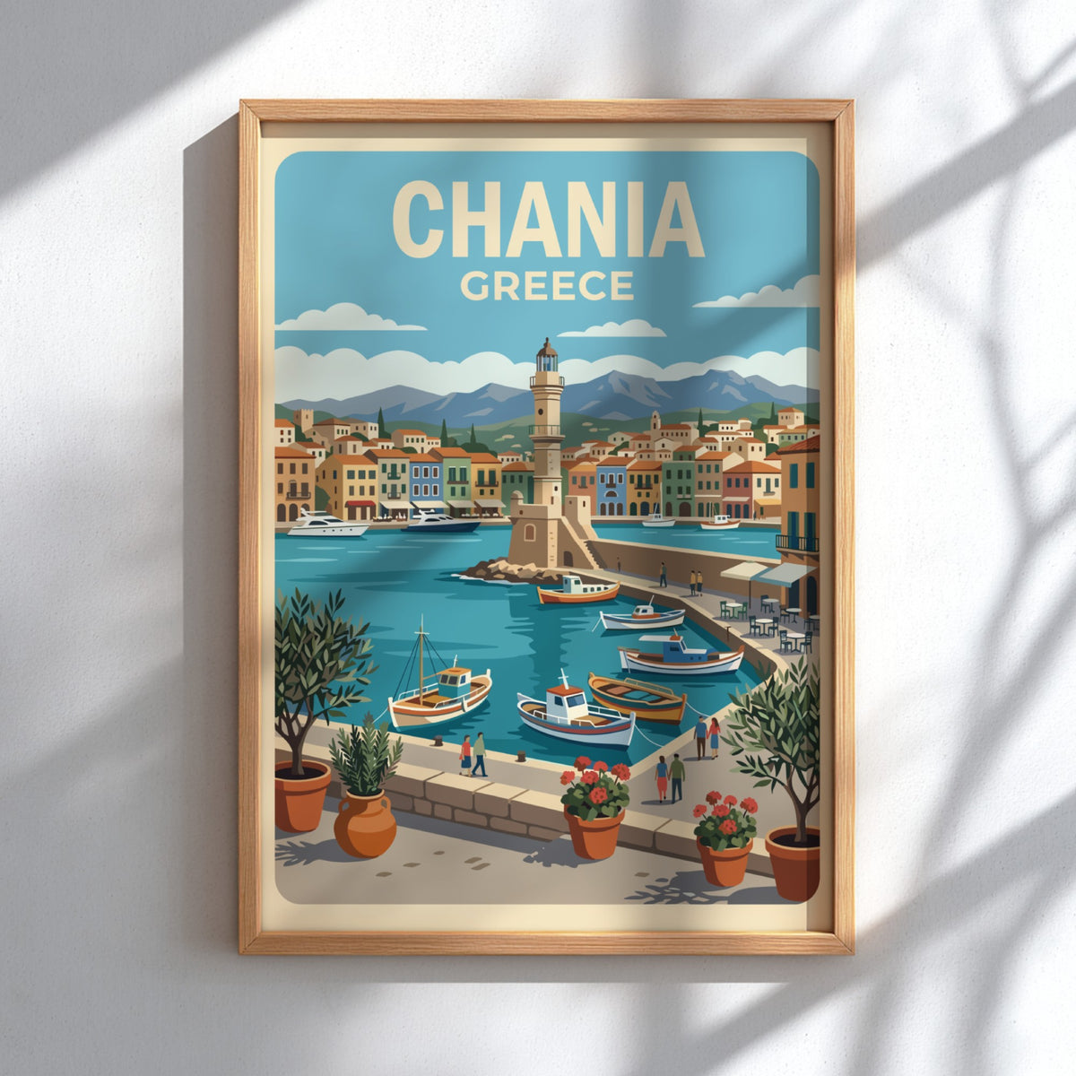 Chania Greece travel poster featuring a lighthouse, colourful Mediterranean buildings, boats, and olive trees.