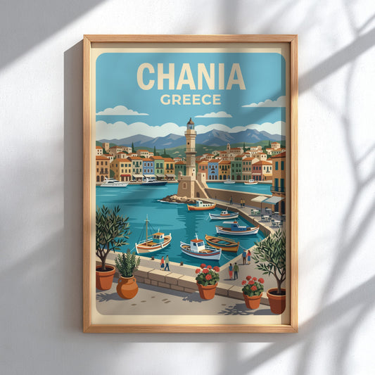 Chania Greece travel poster featuring a lighthouse, colourful Mediterranean buildings, boats, and olive trees.