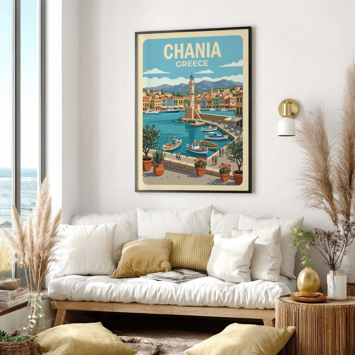 Chania Greece travel poster featuring a lighthouse, colourful Mediterranean buildings, boats, and olive trees.