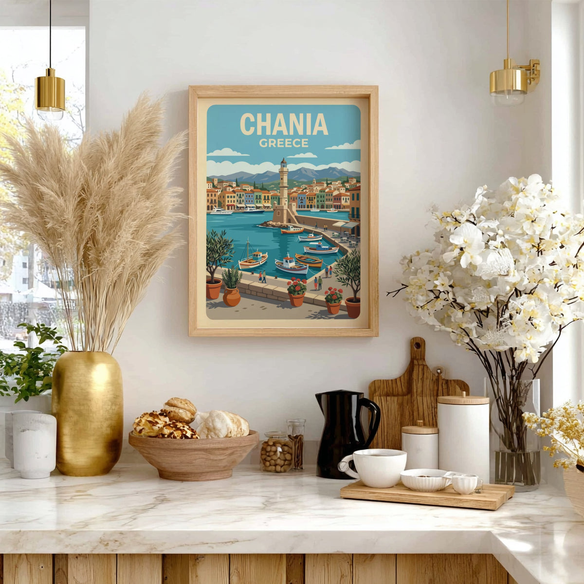 Chania Greece travel poster featuring a lighthouse, colourful Mediterranean buildings, boats, and olive trees.