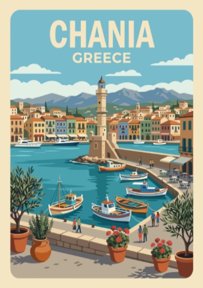 Chania Greece travel poster featuring a lighthouse, colourful Mediterranean buildings, boats, and olive trees.